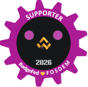 Purple gear-shaped badge with a black circular center. The word ‘SUPPORTER’ appears at the top, ‘BadgeFed ♥ FOSDEM’ at the bottom, and ‘2026’ inside the center. The center features a simple face-like design with two purple dots and a small yellow geometric symbol, which is the combination of the BadgeFed and FOSDEM logo.

This work is licensed under the Creative Commons Attribution 2.0 Belgium Licence. The logo is a derivative of the fosdem.org logo