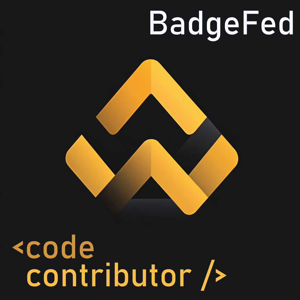 A badge in the shape of a shield with slightly rounded corners, outlined in a double border of dark copper and black. Inside, the BadgeFed logo—two interlocking chevrons in golden yellow and dark gray—is displayed prominently at the top. Below it, bold text reads 'CODE CONTRIBUTOR' with a smaller 'of' beneath, followed by 'BADGEFED' in capital letters. The background has a textured beige tone, giving the badge a vintage, scout-like aesthetic.
